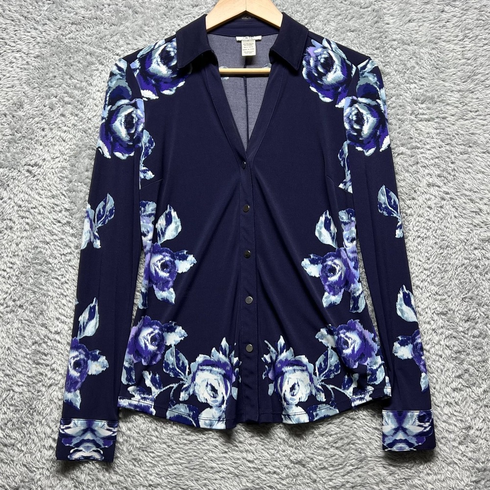 Cache Top Womens XS Blue Floral‎ Long Sleeve Stretch Vintage 90s